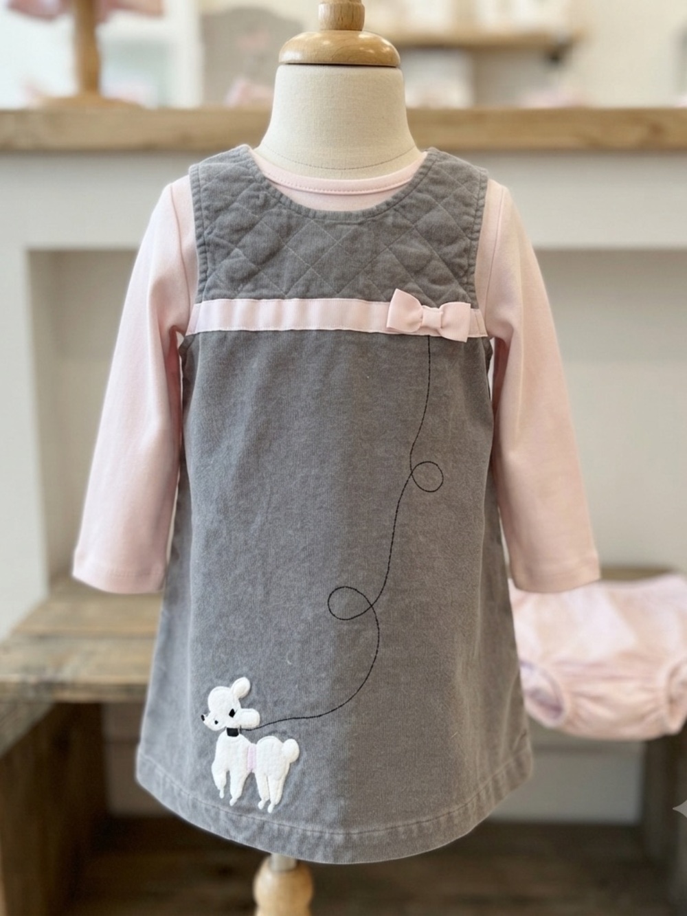Gymboree Gray and Pink Kids Dress with Poodle Design and matching bloomers.